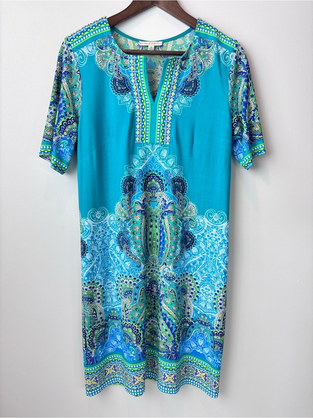 Sandra Darren Teal Blue & Green Paisley Midi Dress